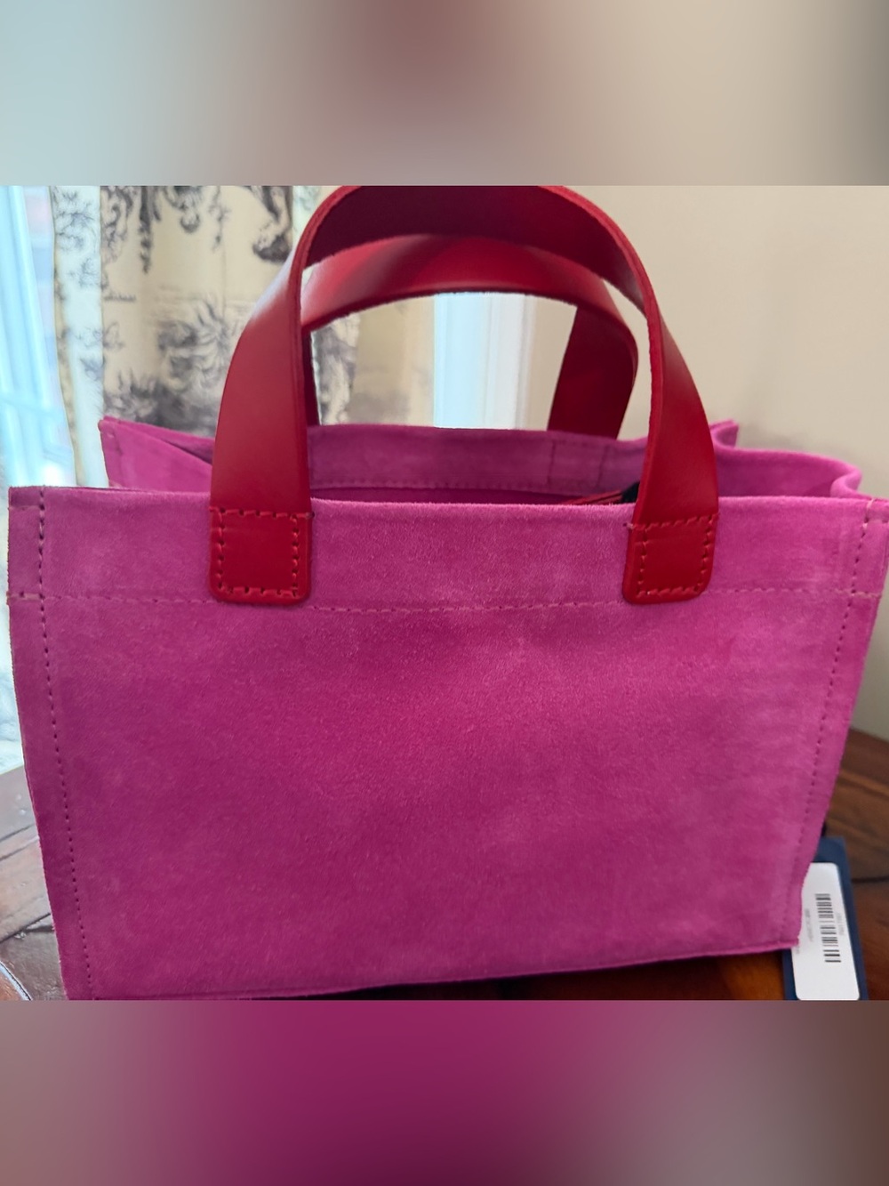 Parker Thatch Micro Mimi Pink Suede Tote Handbag with Red Handles. NWT